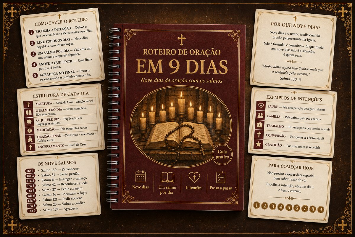 Capa e páginas internas do bônus Roteiro de Oração em 9 Dias